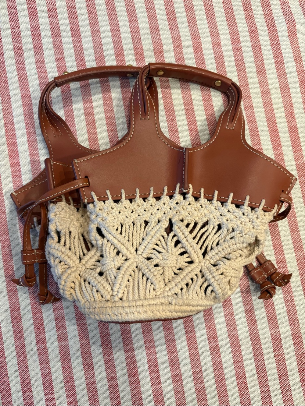 Zac Posen Cream Macramé and Brown Leather Shoulder Bag (Missing shoulder strap)